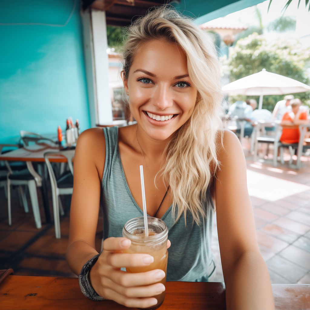 Colombian woman having brunch in Medellin, smiling