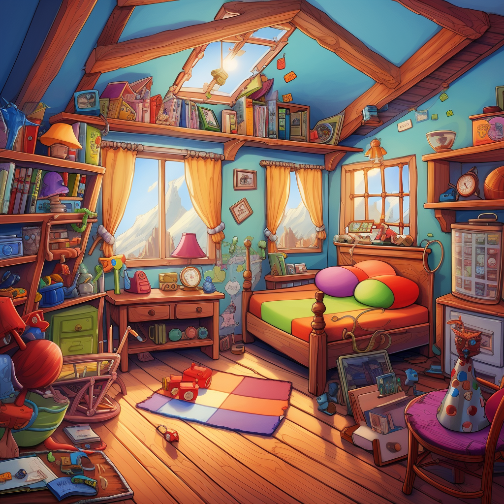 Cartoon illustration of a colorful child's bedroom