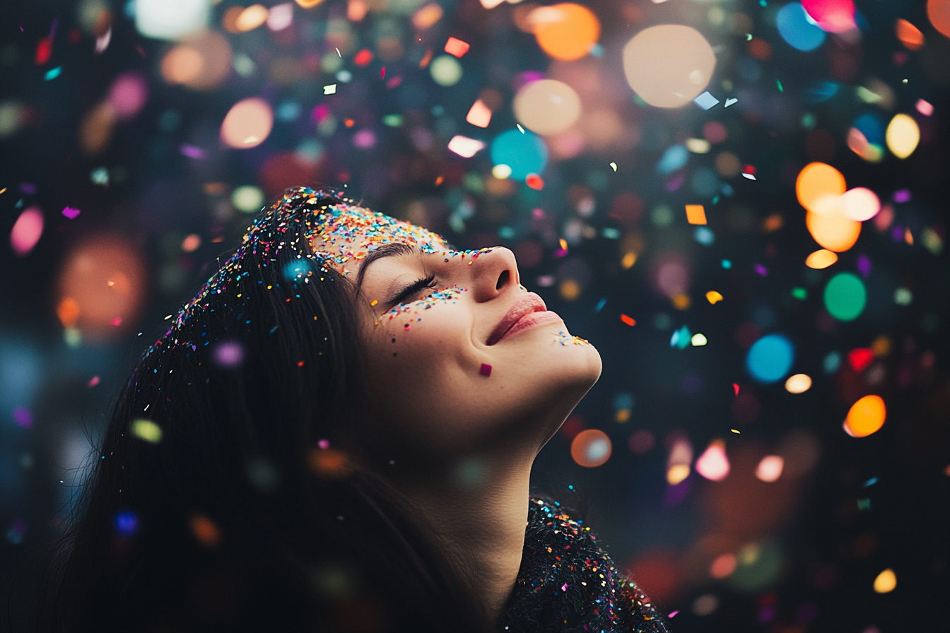 Woman with Colorful Confetti Explosion