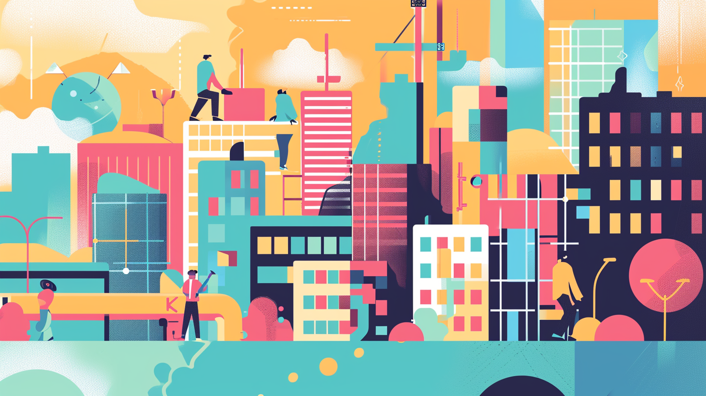 Colorful Corporate Cityscape with Innovative Construction Processes