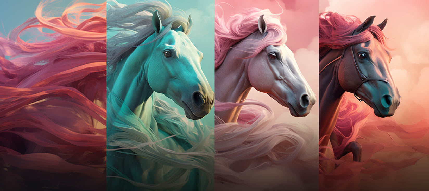 Vibrant swirling horses in dynamic action scenes