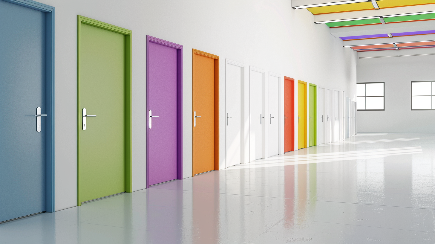 Colorful doors in modern corridor