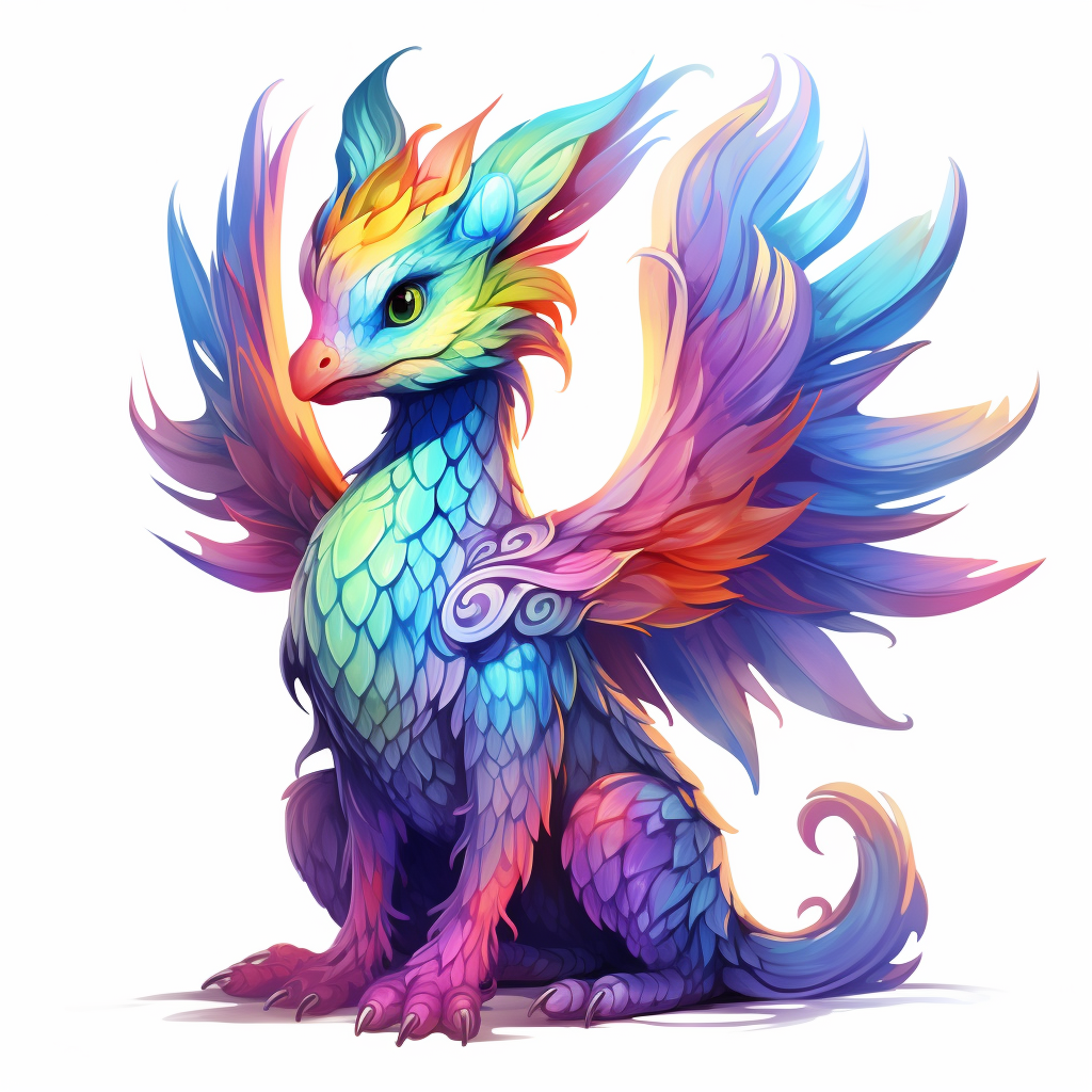 Colorful dragon with feathers, full body, feminine and cute