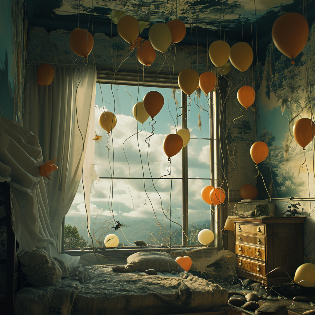 Colorful floating balloons in sky and bedroom