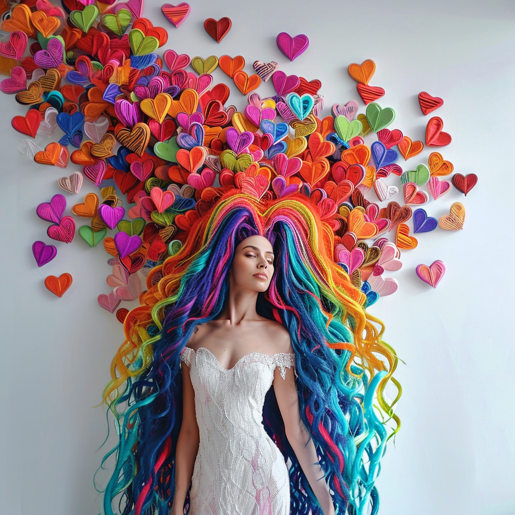 Woman with neon colored human heart hair