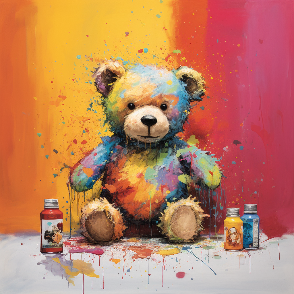 Toy bear covered in colorful paint