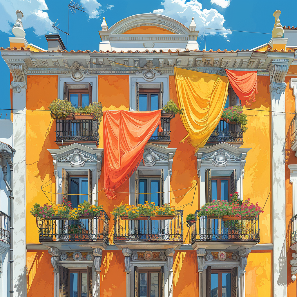 Madrid building with colorful scarves