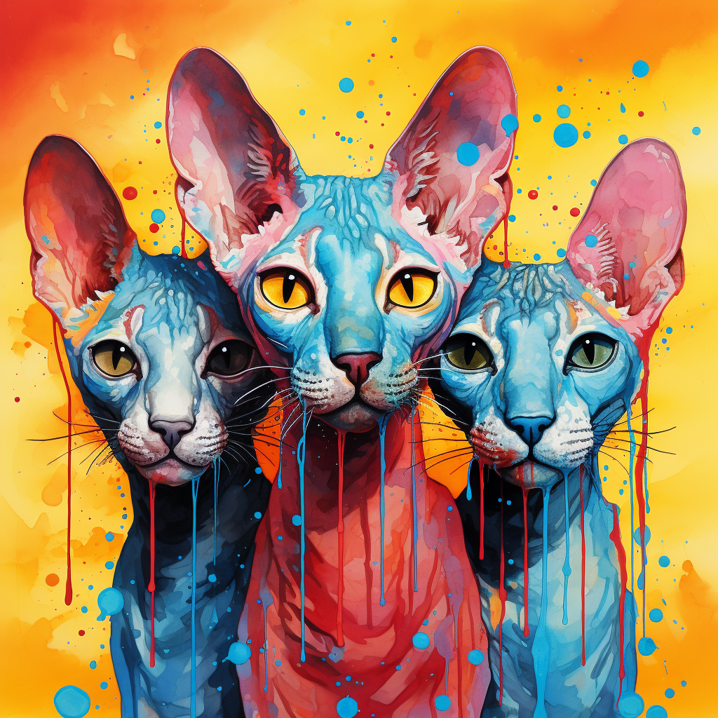 Colorful sphynx cats with droplets