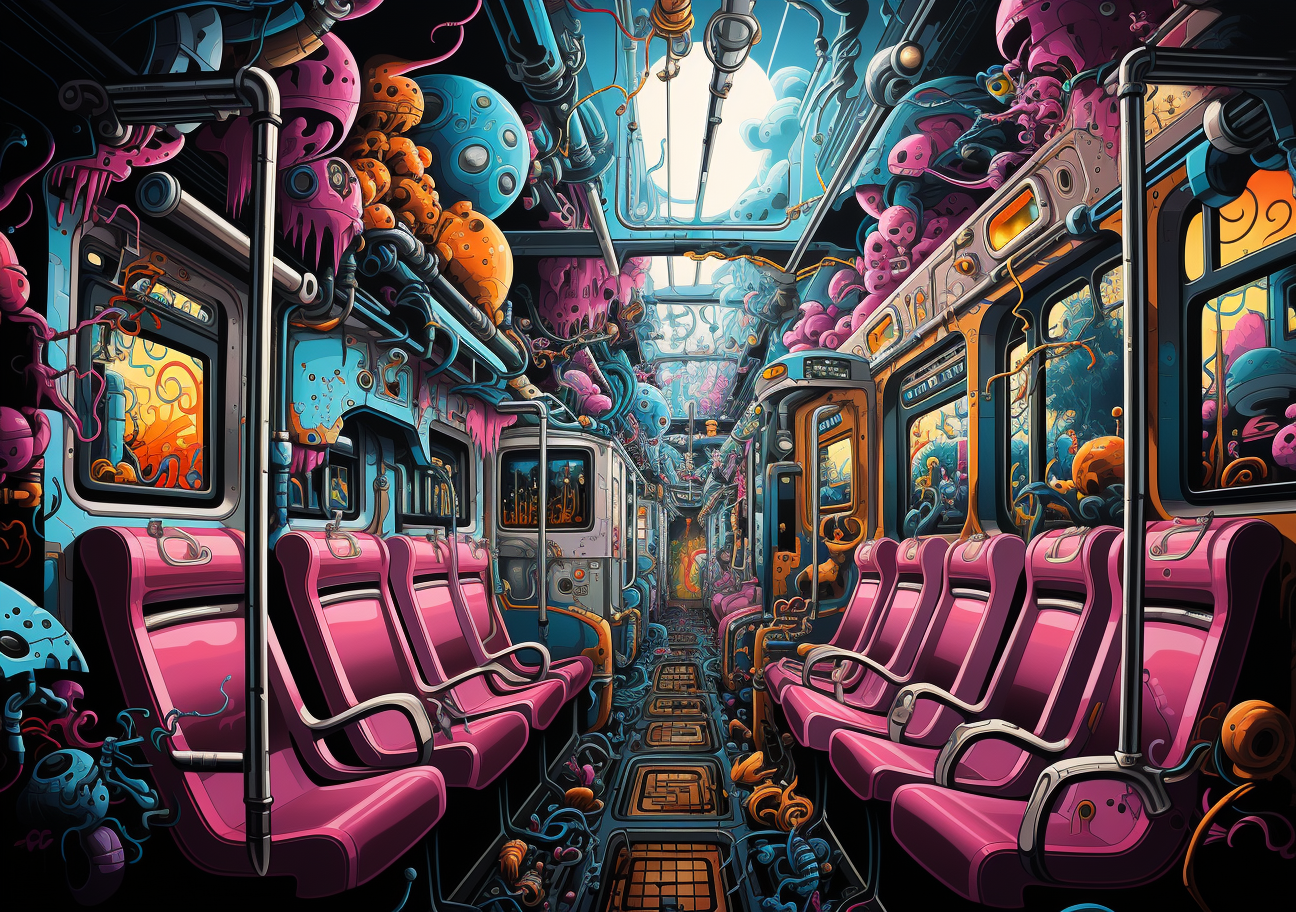 Colorful characters on a surreal train