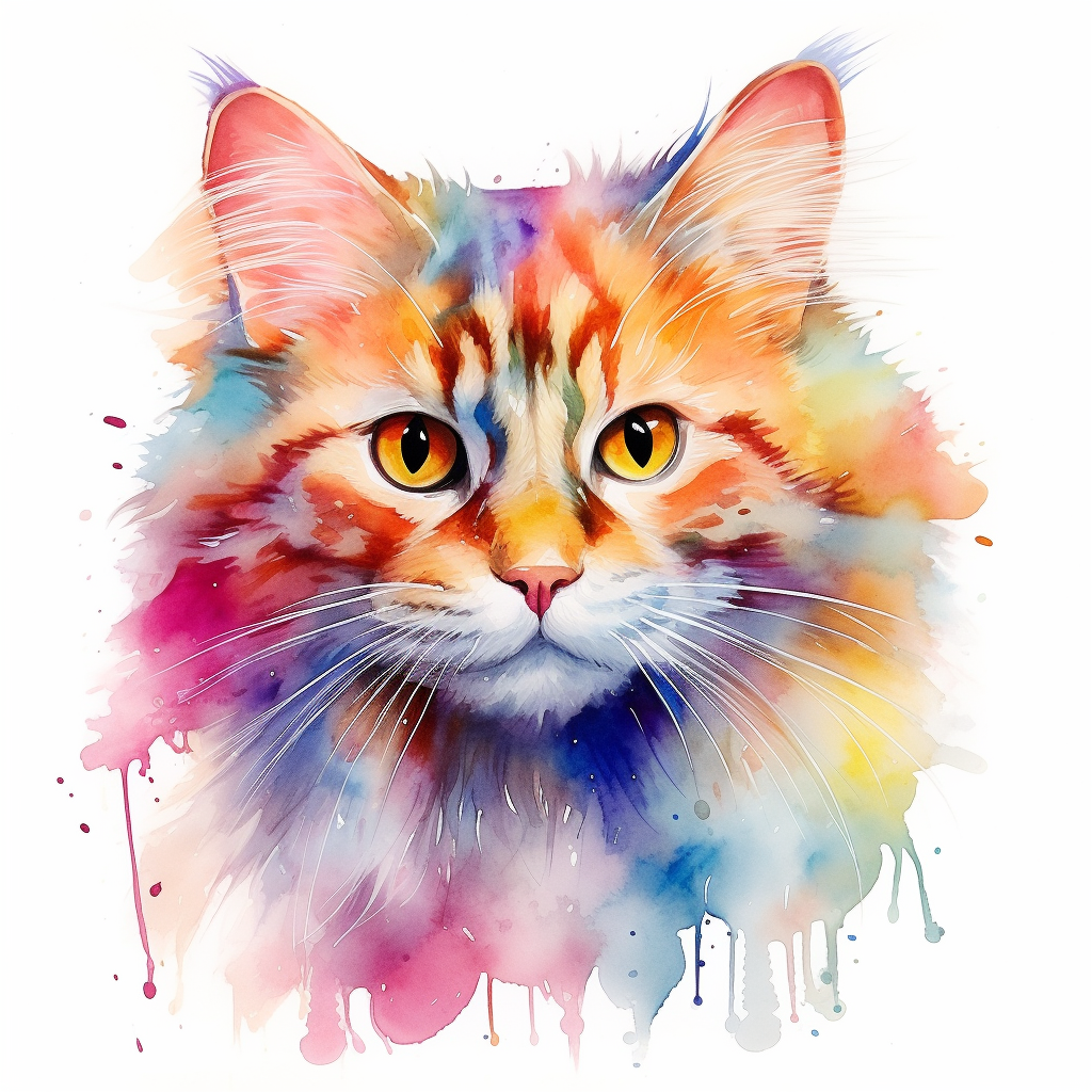 Colorful cat in watercolor drawing