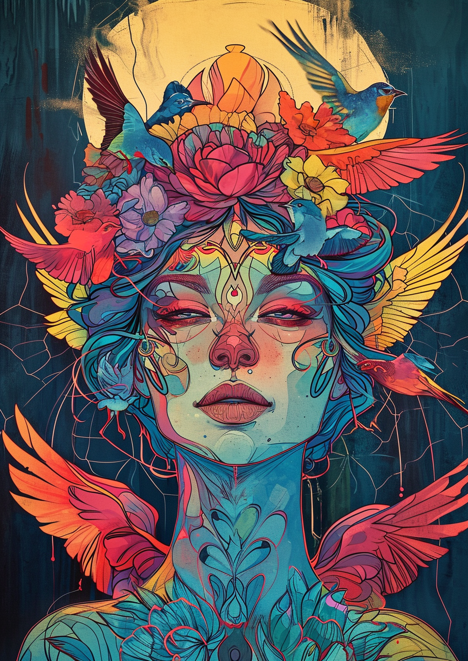 Illustration of a Colorful Woman with Birds on Her Hair