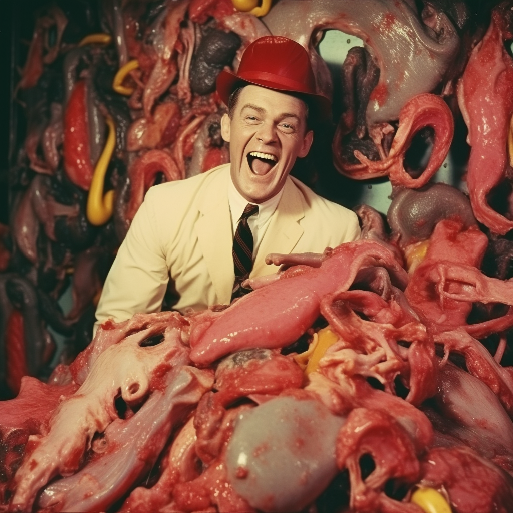 Happy man covered in raw meat laughing