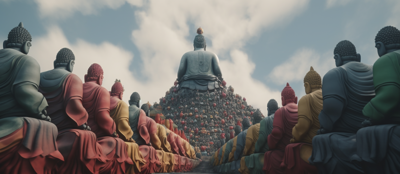 Vividly colored Buddha gods in the sky