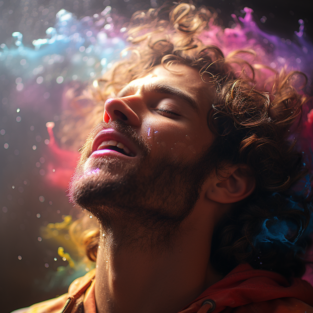Man sneezing out vibrant rainbows