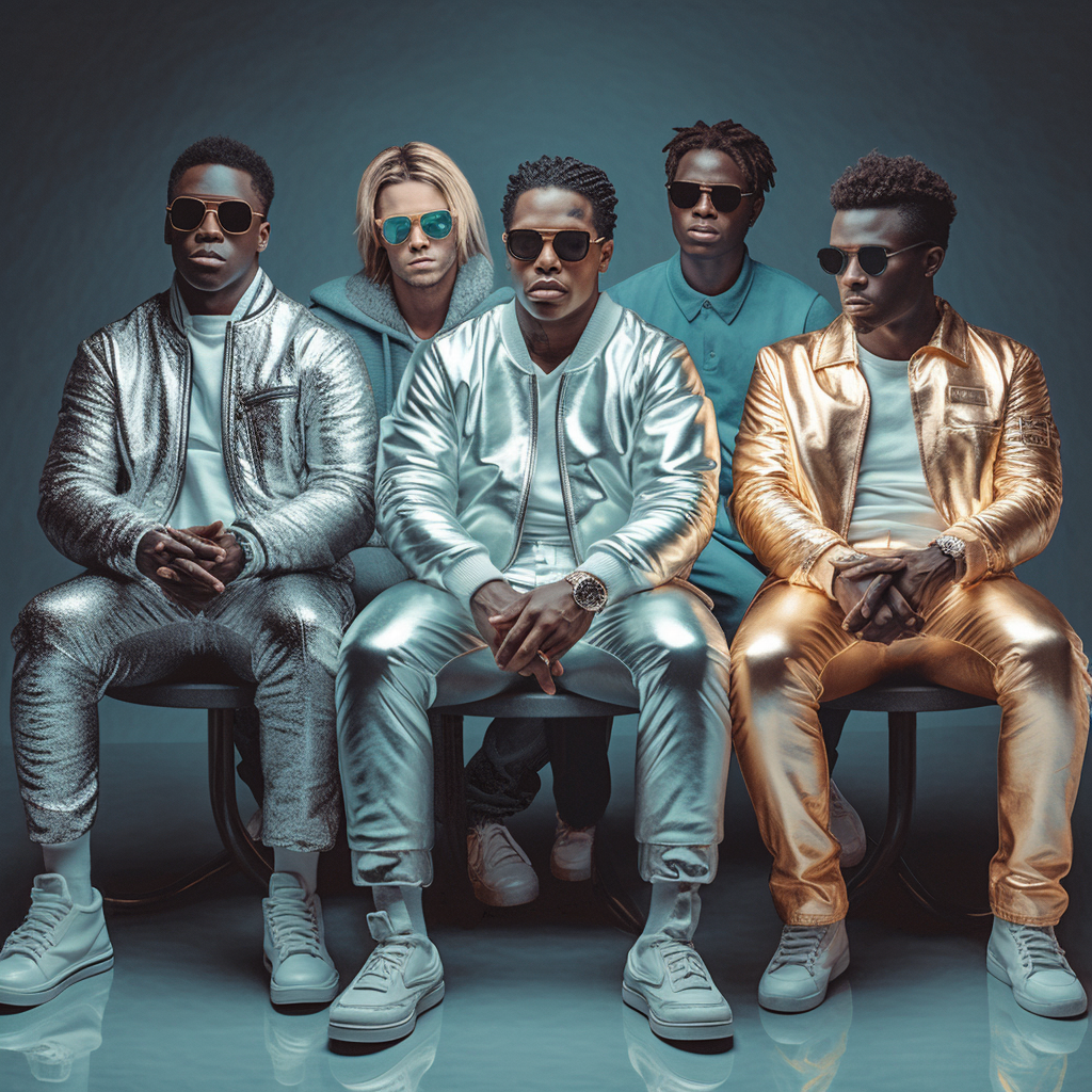 Five con artists in currency jackets and sunglasses