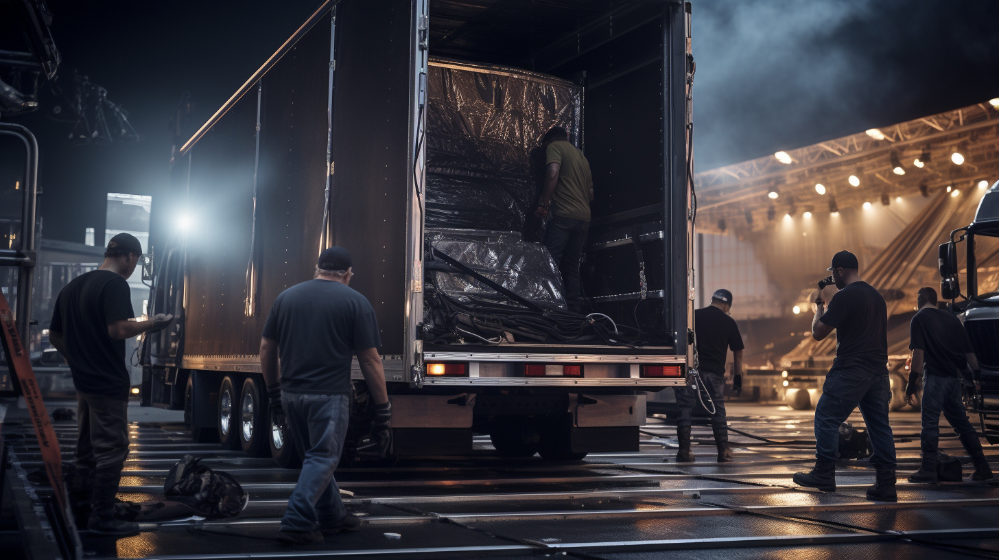 Crew unloading roadcases at concert venue