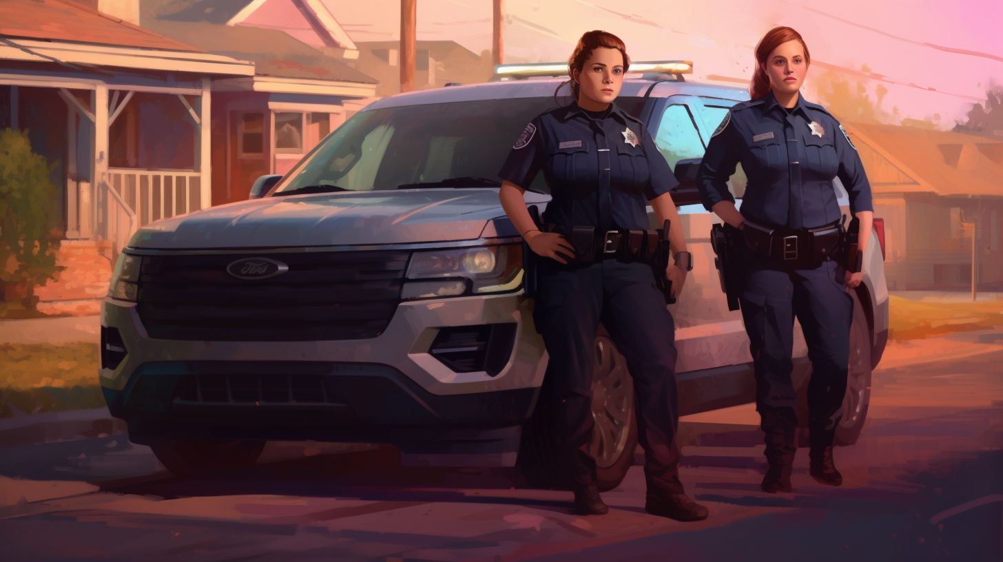 Two confident female cops in upscale subdivision