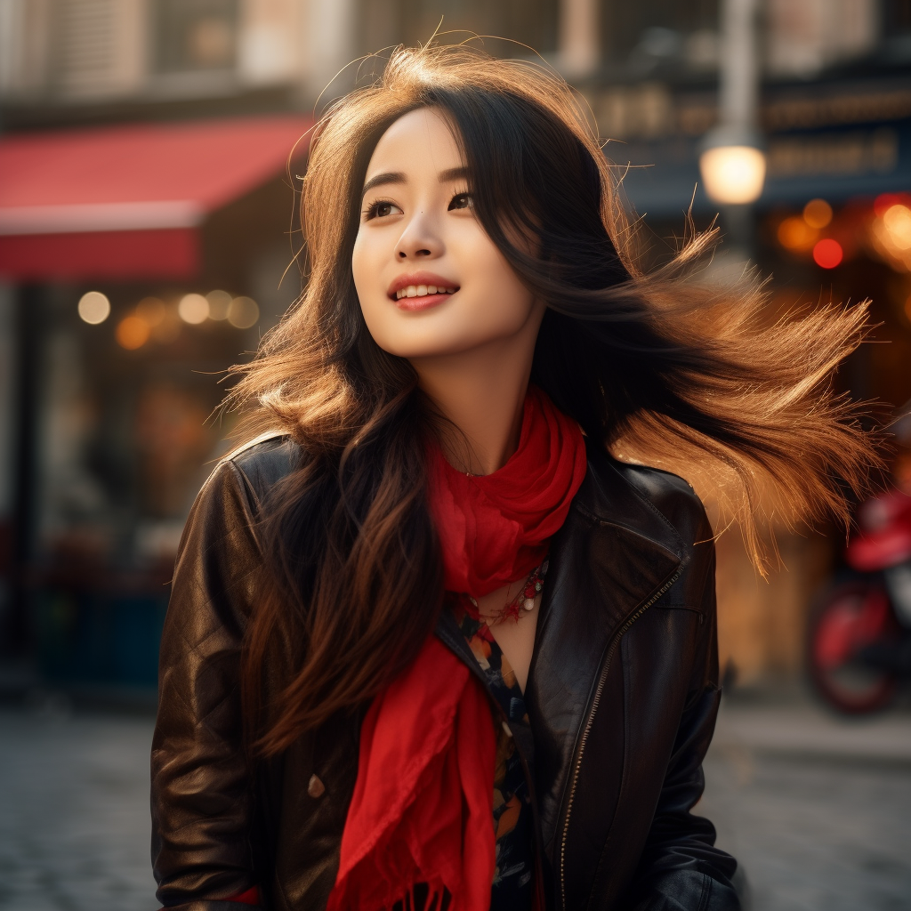 Confident Asian girl in fashion academic outfit in Istanbul