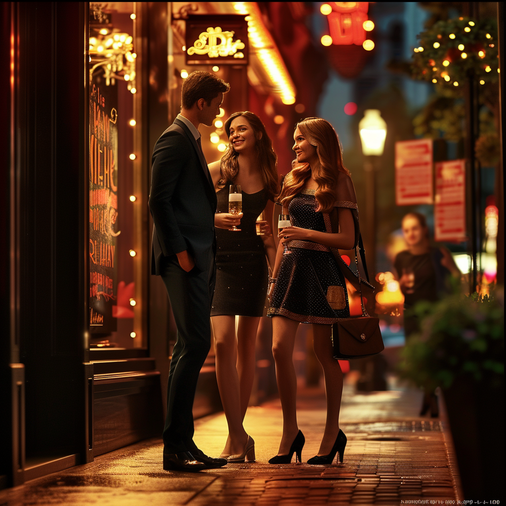 Confident man with attracted women in urban setting