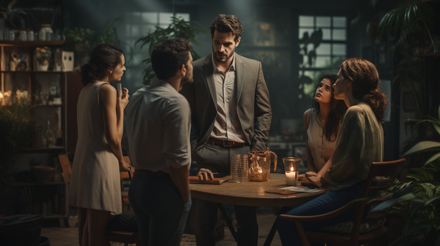 Man arguing with confused family indoors