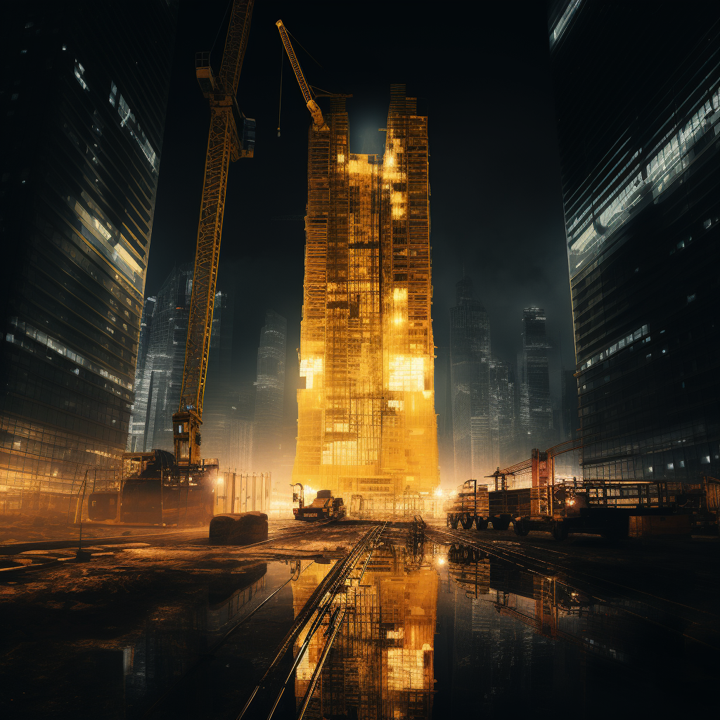 Nighttime Construction Skyscraper with Yellow Light