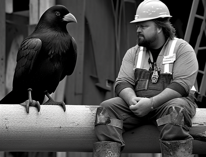 Construction worker with talking crow on steel beam