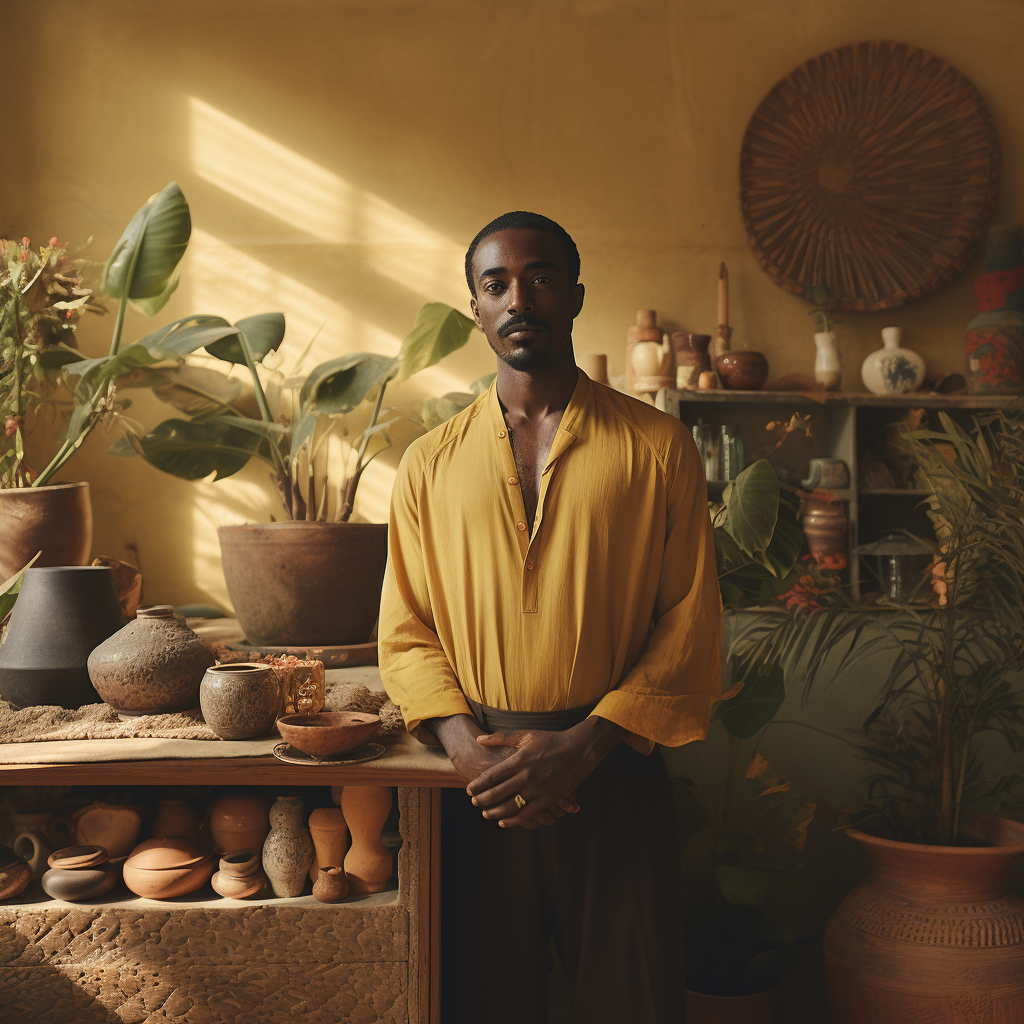 Contemplative black man in earthy atmosphere