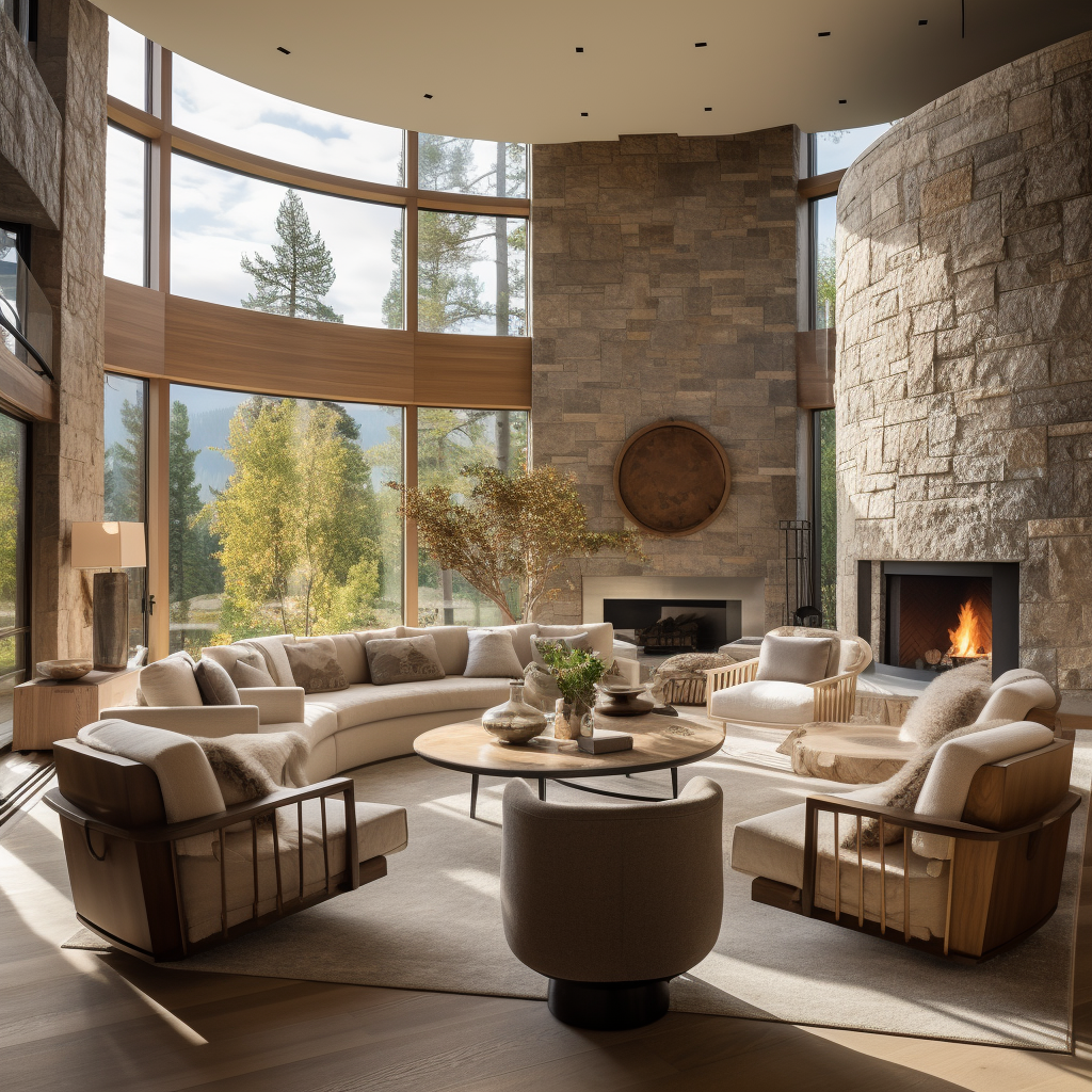 Contemporary living space with fireplace and natural light