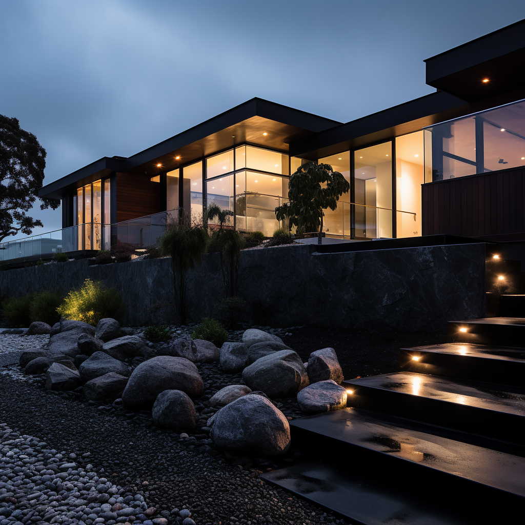 Contemporary modern house with black decorative rocks