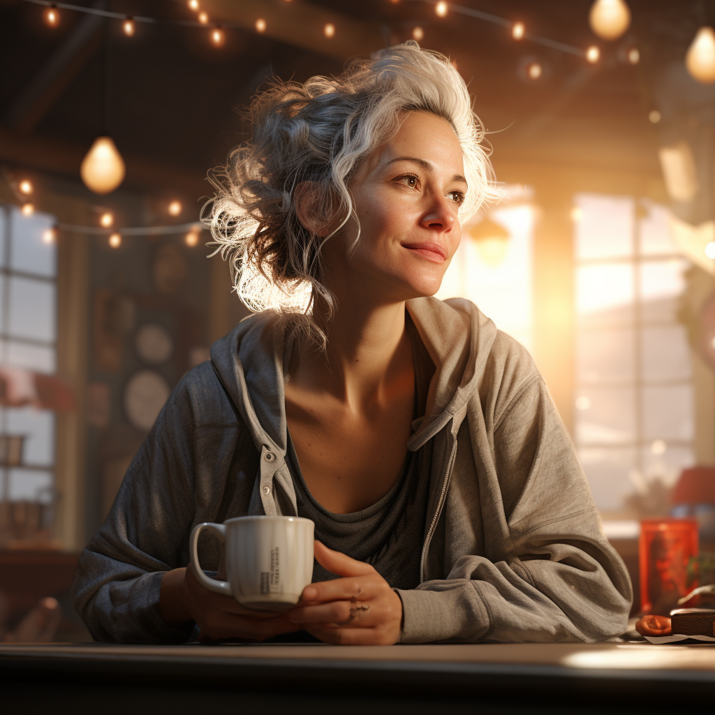 Middle-aged woman sipping coffee with contentment