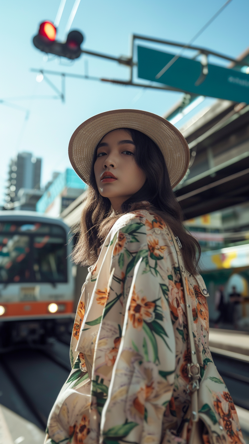 Asian woman road intersection skytrain fashion