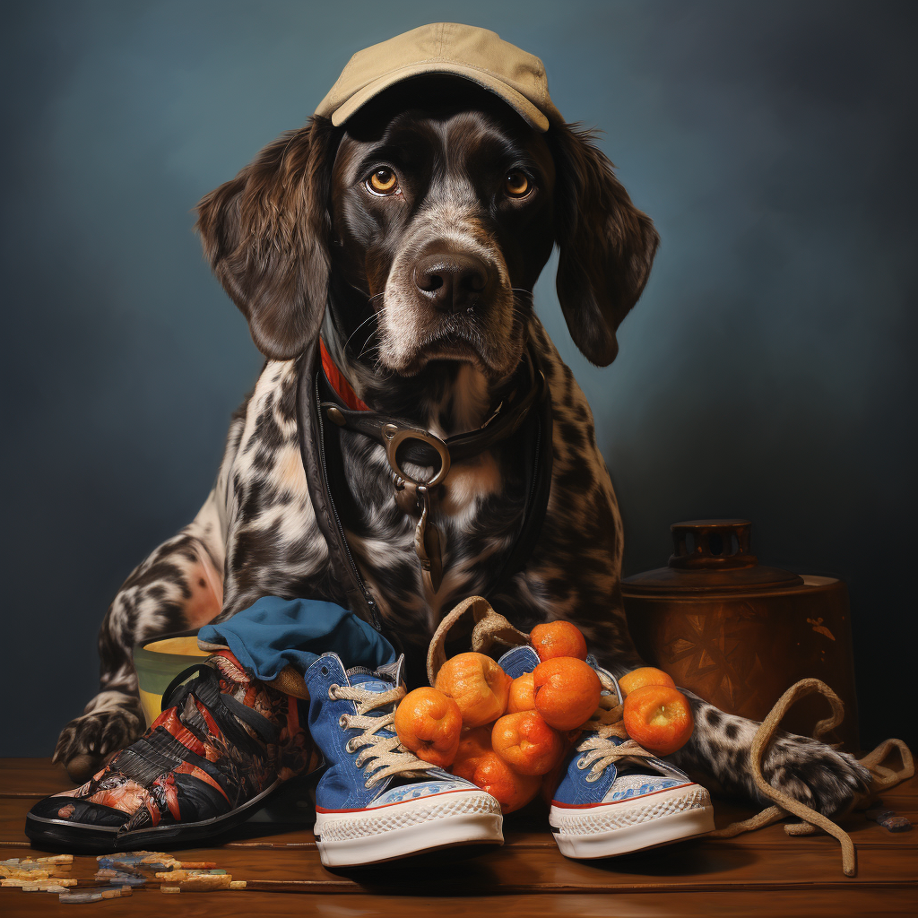 Cool dog eating sneakers photo