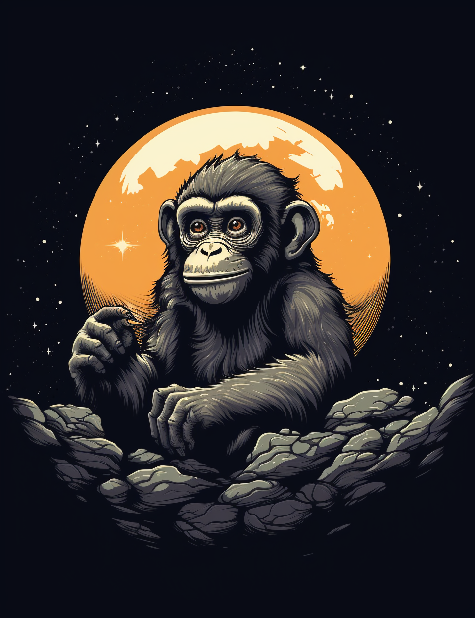 Cool monkey browsing internet with grey moon backdrop