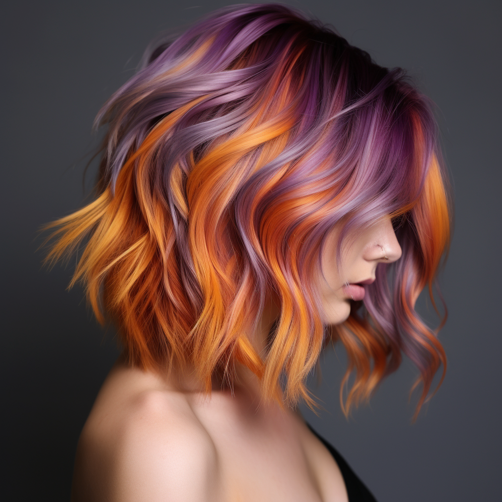 Vibrant highlights of copper, purple, orange, and silver on woman's hair