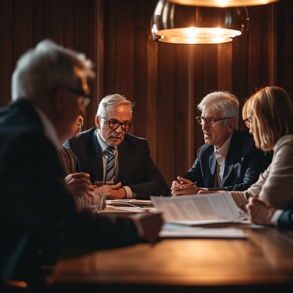 Group of corporate professionals in meeting discussing documents
