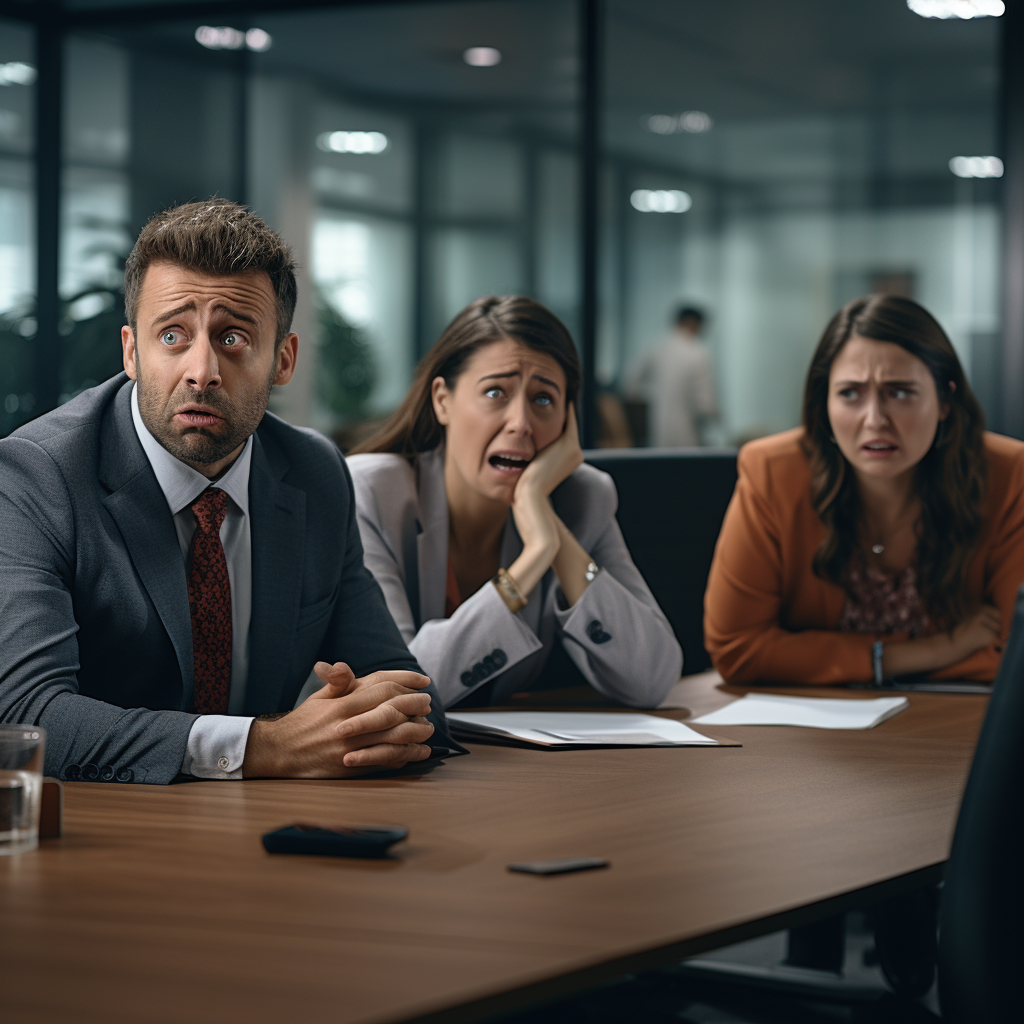 Corporate training meeting with happy man and upset women