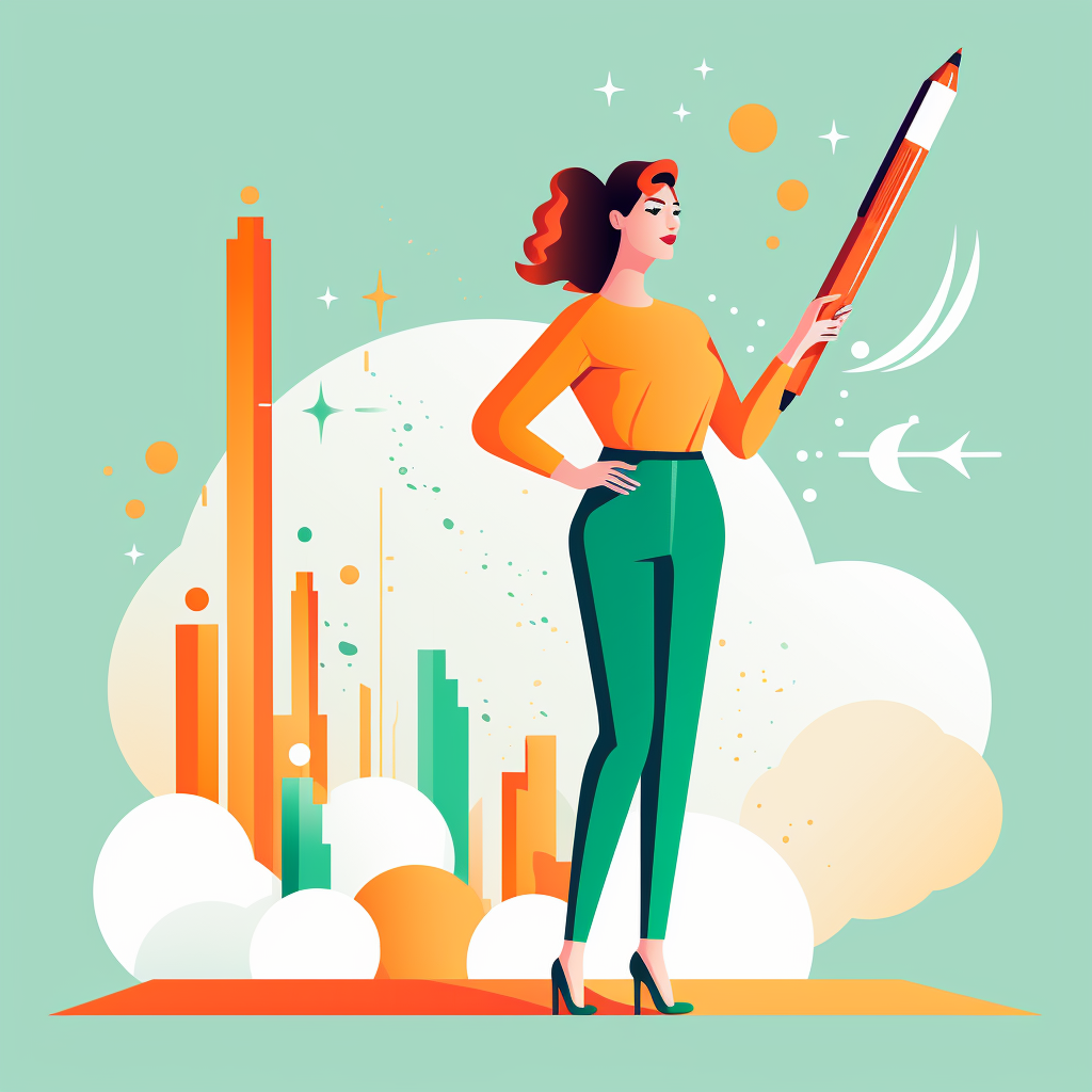 Woman holding giant pencil and notebook