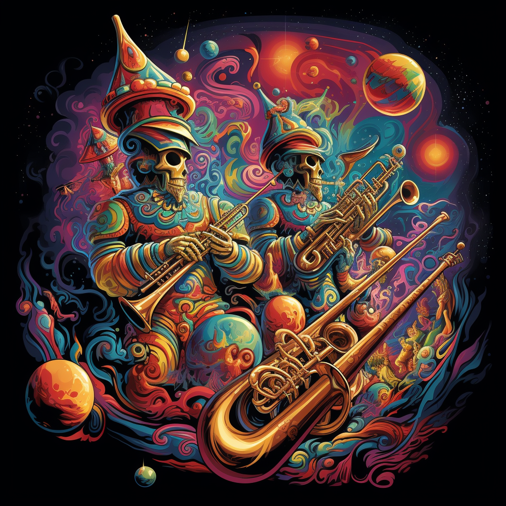 Psychedelic brass players in cosmic form