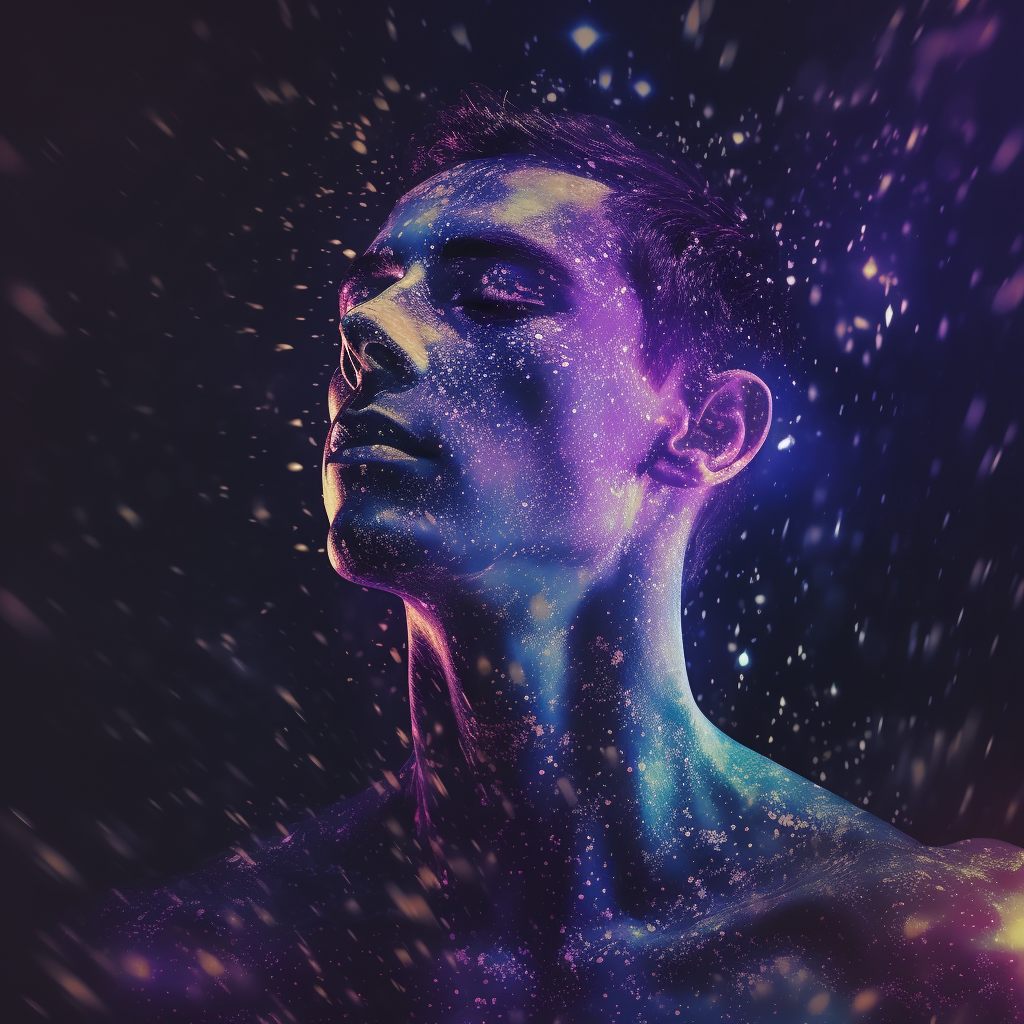 Male artist inspired by cosmic dust nebula