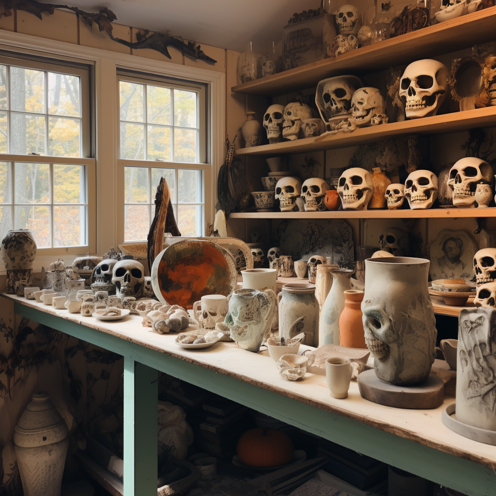 Cottagecore artist studio with ceramics