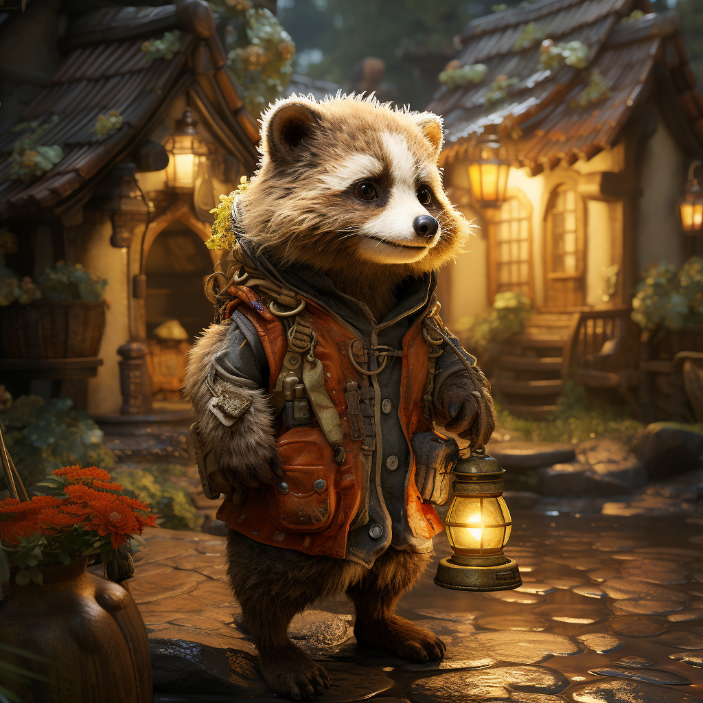 Adorable tanuki in cottagecore setting