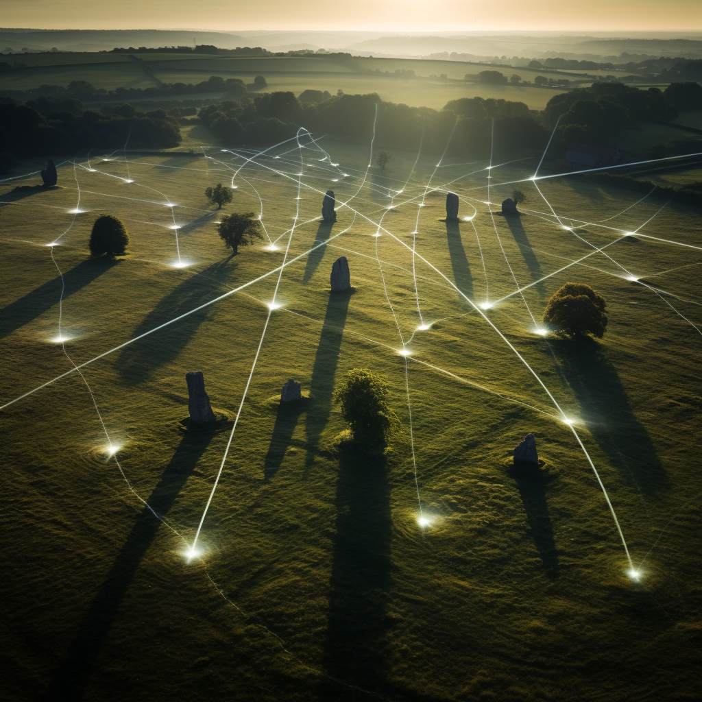 Aerial view of English countryside stone network