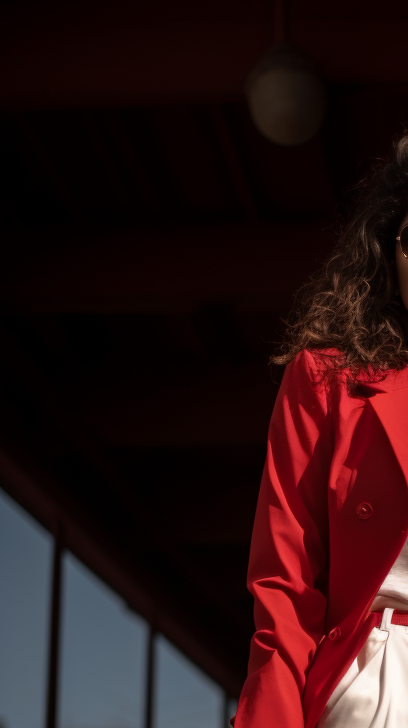 Pakistani Model in Red Pants, White Shirt, Red Coat with White Hand Bag