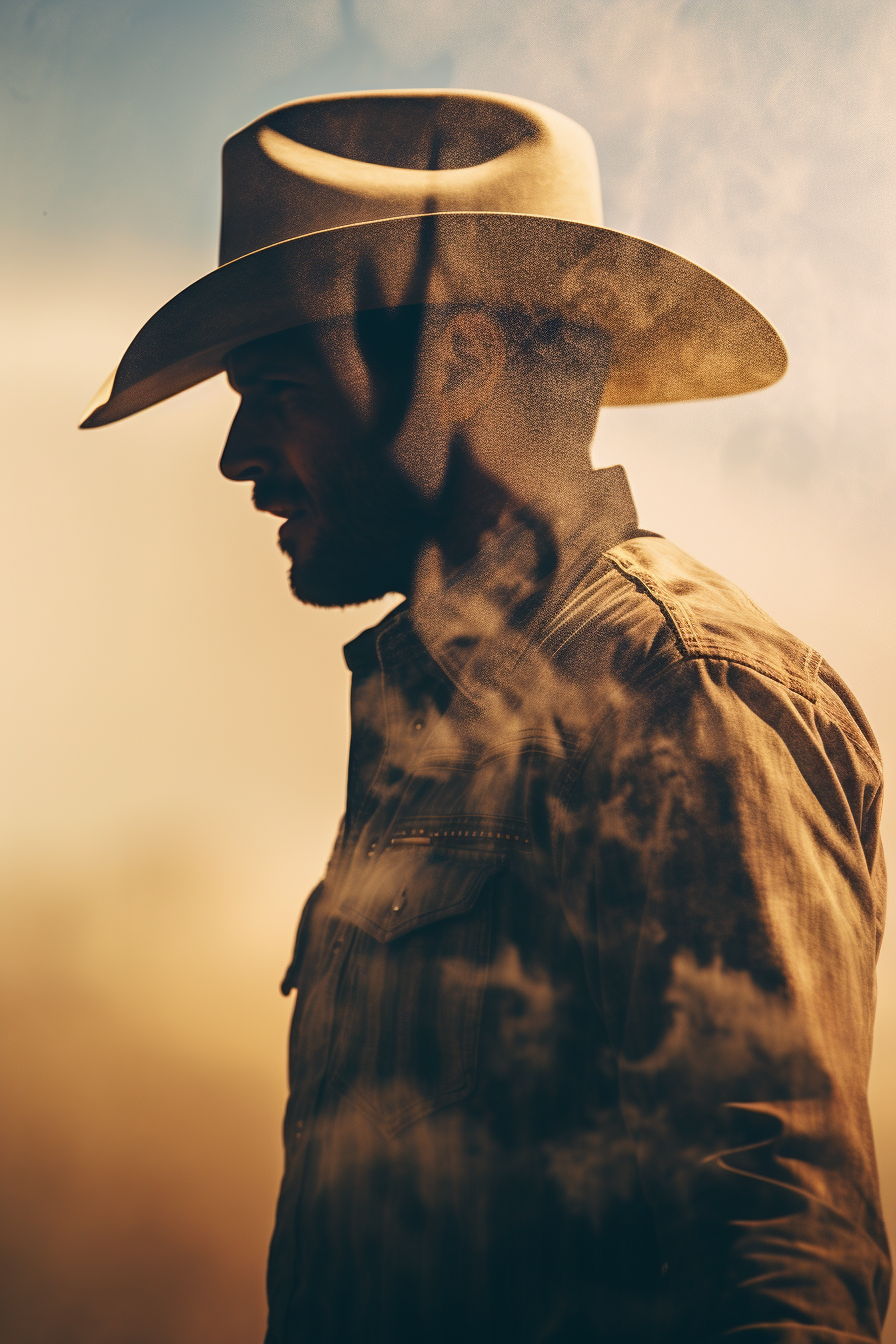 Stunning double exposure of cowboy in valley