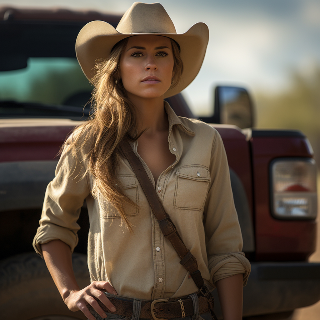 Cowgirl posing with truck