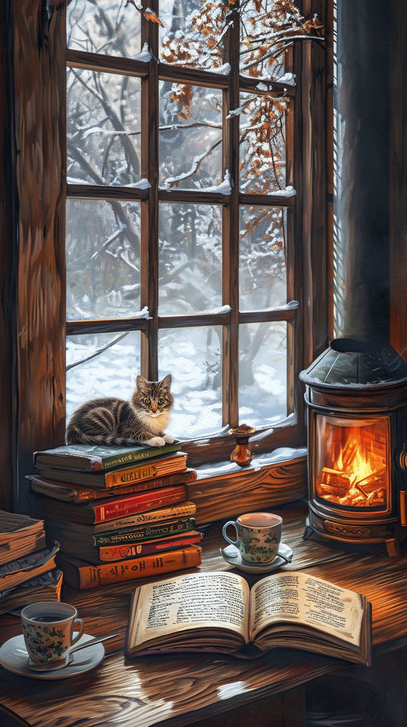 Cozy cafe fireplace winter scenery cat window artwork