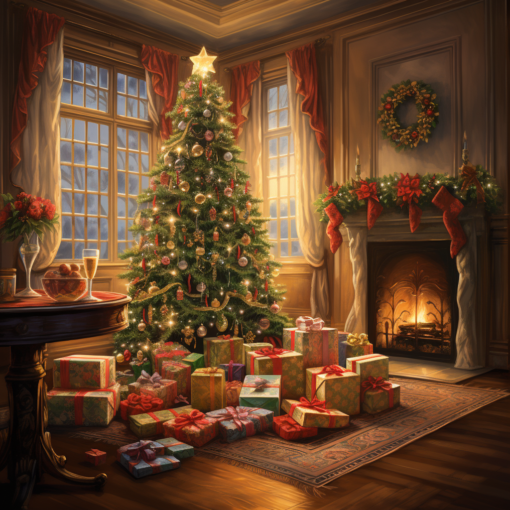 Festive holiday room with wrapped presents