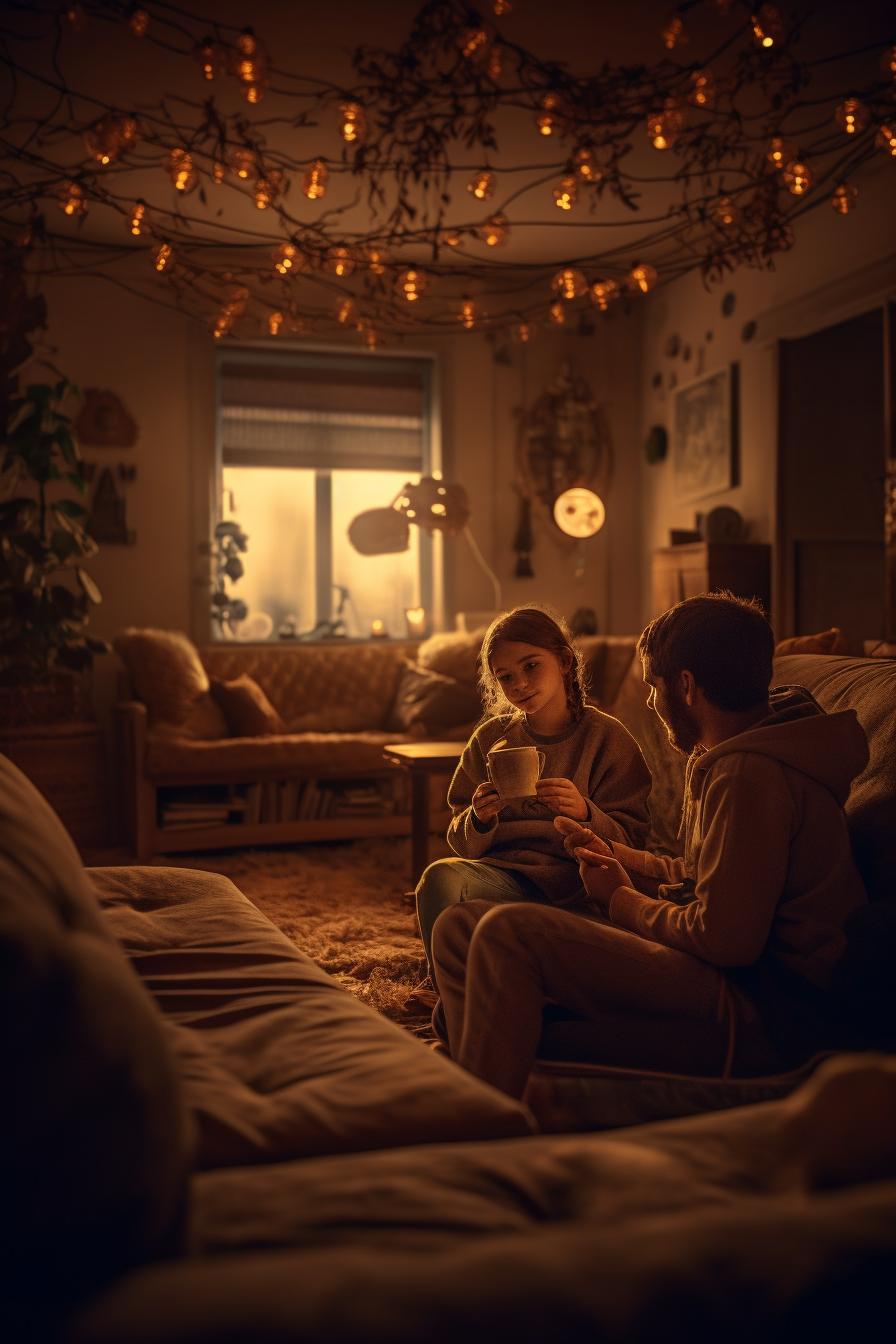 Smiling family playing video game on cozy couch