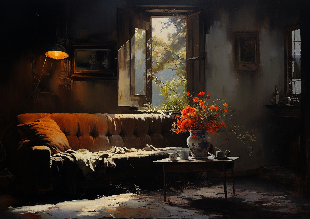 Cozy Interior Painting with Dramatic Lighting