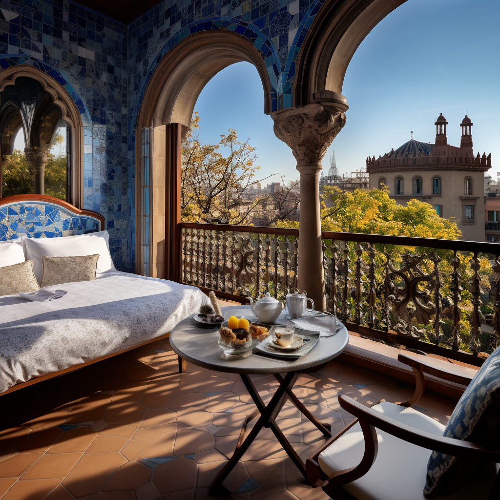 Cozy terrace hotel room Gaudí style Barcelona